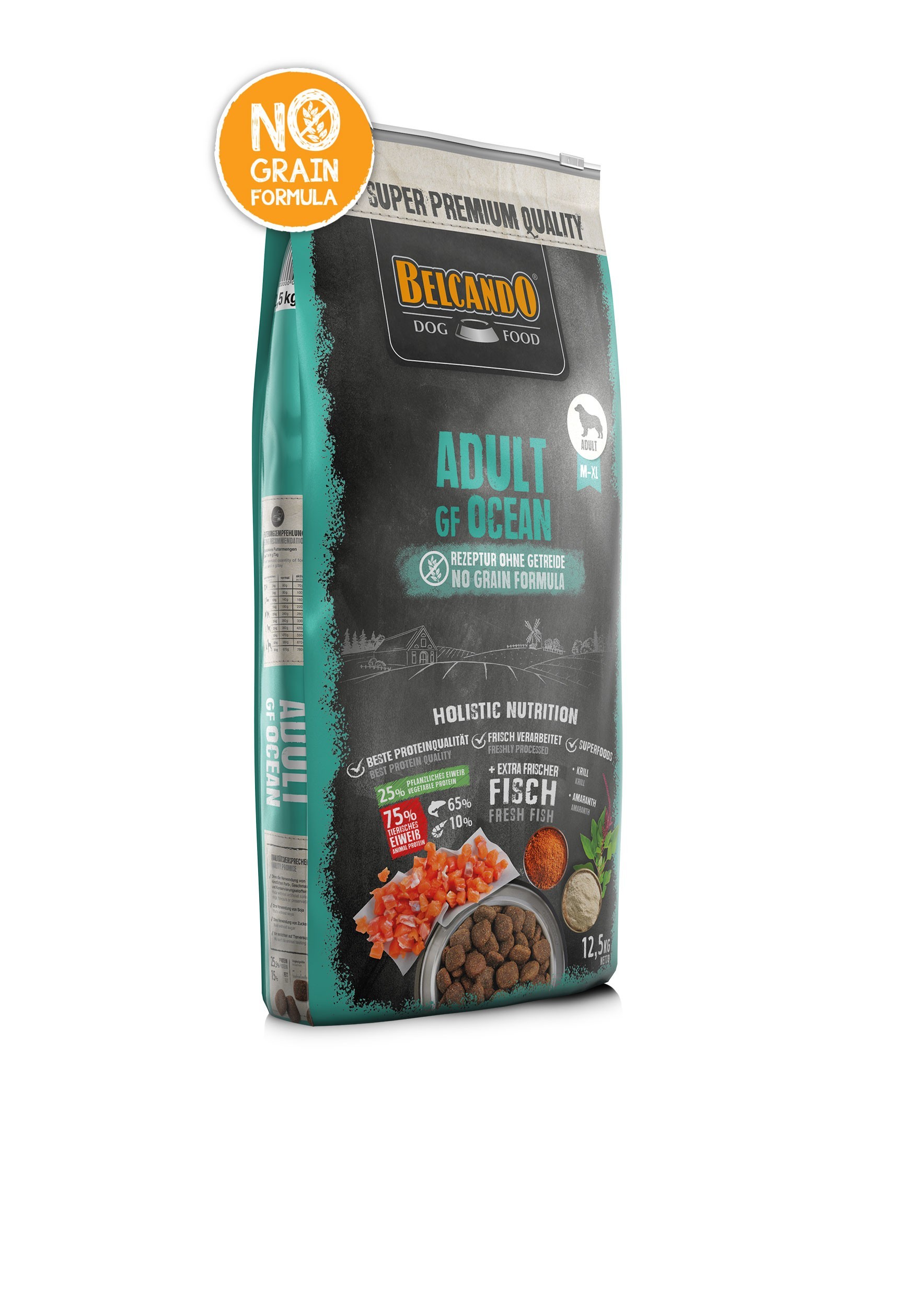 BELCANDO ADULT GRAIN FREE OCEAN για ενήλικους σκύλους με κανονική ή και αυξημένη δραστηριότητα, με φρέσκο σολομό και ψάρια ωκεανού 12,5kg